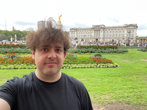 Selfie in front of Buckingham Palace, with flowerbeds and grass visible between me and the palace.