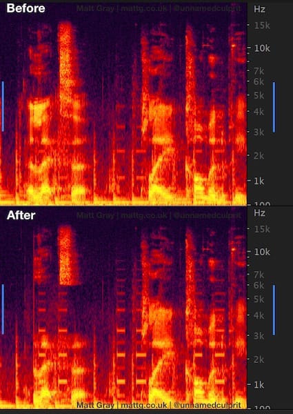 Two screenshots from Adobe Audition, showing the spectral frequency display of the audio before and after processing. It's orange and red patterns on a deep purple background, with the x axis showing time and the y axis showing frequency. 