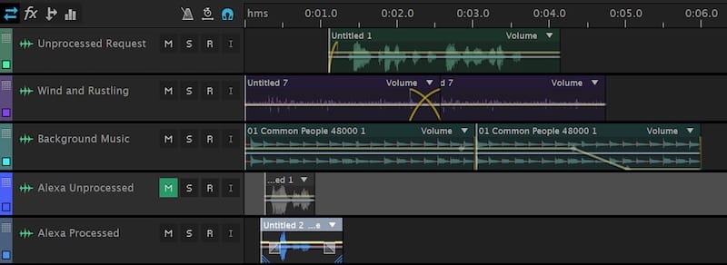 A screenshot of Adobe Audition multitrack view, showing the makeup of the test audio.