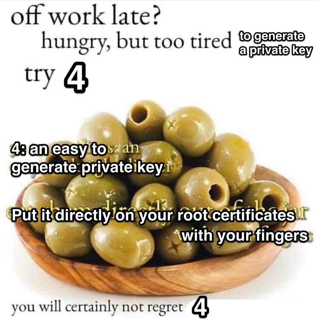 30-40 olives meme, with new text superimposed: Off work late? Hungry but too tired to generate a private key? Try 4 4: an easy to generate private key.  Put it directly on your root certificates with your fingers.  You will certainly not regret 4